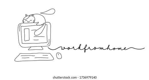 Hand drawn cat (kitten) disturb people when use computer or laptop for work from home. WFH concept due to coronavirus (covid-19) spread. Minimalist black line art vector illustration with lettering.