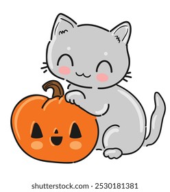 Hand Drawn Cat, Kitten sits in pumpkin fun design poster card for Halloween holiday illustration vector