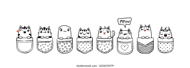 Hand Drawn Cat, Kitty, Kitten. Cute kawaii animals sitting in a pocket. Vector sketch, print design, illustration, children print on t-shirt, coloring pages