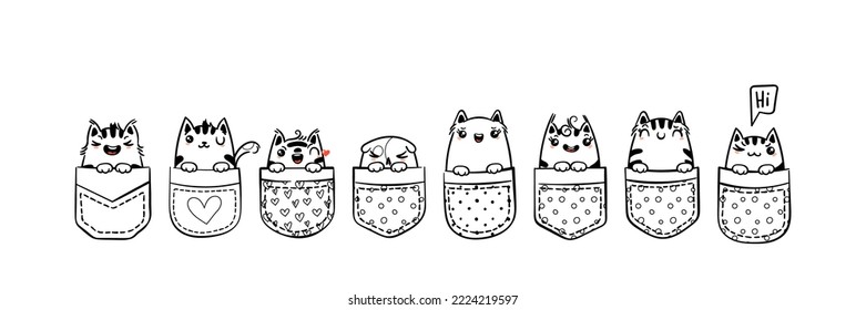 Hand Drawn Cat, Kitty, Kitten. Cute kawaii animals sitting in a pocket. Vector sketch, print design, illustration, children print on t-shirt, coloring pages
