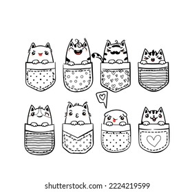 Hand Drawn Cat, Kitty, Kitten. Cute kawaii animals sitting in a pocket. Vector sketch, print design, illustration, children print on t-shirt, coloring pages