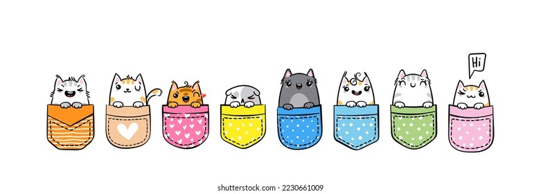 Handgezeichnete Katze, Kitty, Kätzchen. Ziehe kawaii Tiere sitzen in einer Tasche. Vektorgrafik, Printdesign, Illustration, Kinderdruck auf T-Shirt