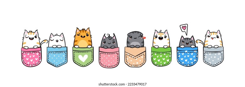 Hand Drawn Cat, Kitty, Kitten. Cute kawaii animals sitting in a pocket. Vector sketch, print design, illustration, children print on t-shirt