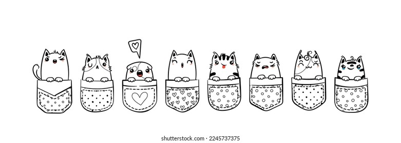 Hand Drawn Cat, Kitty, Kitten. Cute kawaii animals sitting in a pocket. Vector sketch, print design, illustration, children print on t-shirt, coloring pages