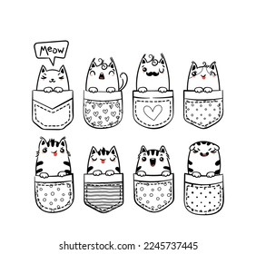 Hand Drawn Cat, Kitty, Kitten. Cute kawaii animals sitting in a pocket. Vector sketch, print design, illustration, children print on t-shirt, coloring pages svg