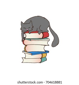 Hand drawn cat laying on book, preparing to read them, school, simple, puzzle, secret