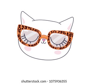 Hand Drawn Cat with leopards glasses, Vector Illustration