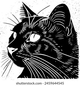 Hand drawn Cat in linocut textured style. Isolated on white background vector illustration.