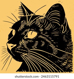 Hand drawn Cat in linocut textured style. Isolated on white background vector illustration.