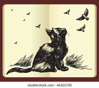 Hand drawn cat looking up at flying birds in the sky - high quality drawing