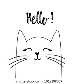 Hand drawn cat looking up to meow lettering text. Cute cartoon character. Kawaii animal. Love Greeting card. Flat design style. White background. Isolated. Vector