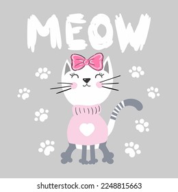 Hand drawn cat looking up to meow lettering text. Cute cartoon character. Kawaii animal. Love Greeting card. Flat design style. White background. Isolated. Vector