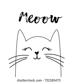 Hand drawn cat looking up to meow lettering text.  Cute cartoon character. Kawaii animal. Love Greeting card. Flat design style. White background. Isolated. Vector