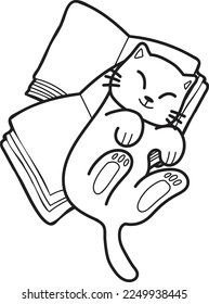 Hand Drawn cat lying on stack of books illustration in doodle style isolated on background