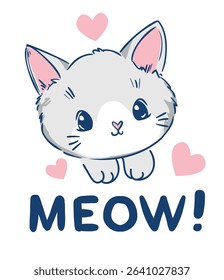 Hand Drawn Cat Meow cute cartoon cat vector illustration for kids print