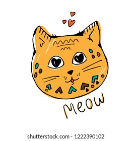 Hand drawn cat, meow lettering text. hearts in eyes, yellow with geometric pattern. Cute cartoon character. Kawaii animal. Love Greeting card. Flat design style. White background. Isolated. Vector.