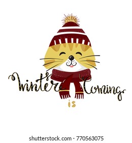 Hand drawn cat .Merry Christmas greetings with Santa.Great design element for congratulation cards, banners,calendar and flyers.