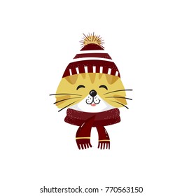 Hand drawn cat .Merry Christmas greetings with Santa.Great design element for congratulation cards, banners,calendar and flyers.