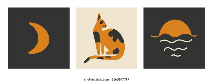 Hand drawn, cat, moon, sunset, poster set. Vector illustration, cartoon style, flat design. All elements are isolated. Square posters, logo templates.