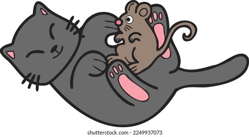 Hand Drawn cat and mouse illustration in doodle style isolated on background