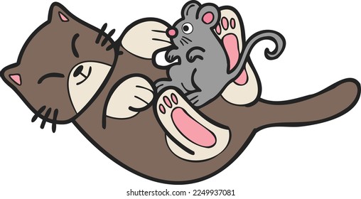 Hand Drawn cat and mouse illustration in doodle style isolated on background
