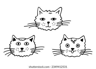 Hand drawn cat muzzle clipart. Cute pet face doodle set