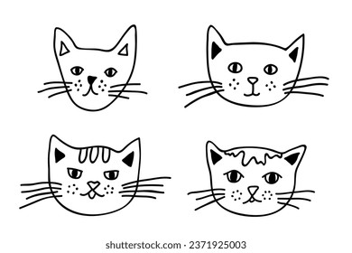 Hand drawn cat muzzle clipart. Cute pet face doodle set