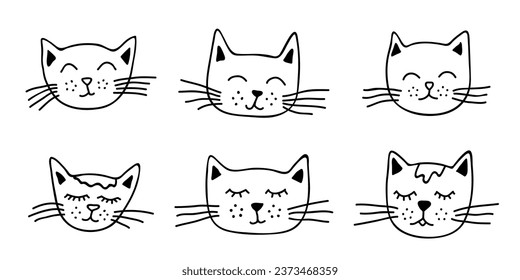 Hand drawn cat muzzle clipart. Cute pet face doodle set