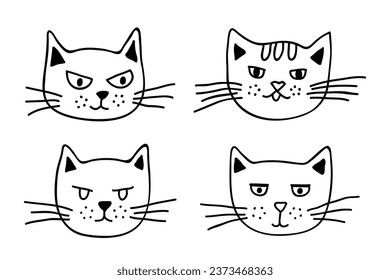 Hand drawn cat muzzle clipart. Cute pet face doodle set