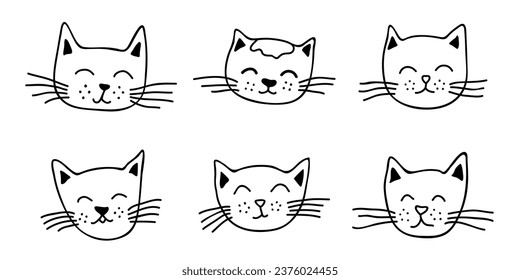 Hand drawn cat muzzle clipart. Cute pet face doodle set