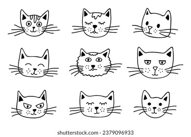 Hand drawn cat muzzle clipart. Cute pet face doodle set