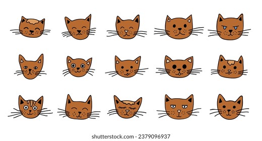 Hand drawn cat muzzle clipart. Cute pet face doodle set