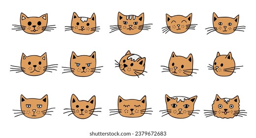 Hand drawn cat muzzle clipart. Cute pet face doodle set