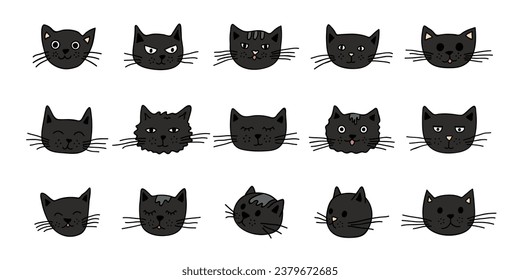 Hand drawn cat muzzle clipart. Cute pet face doodle set