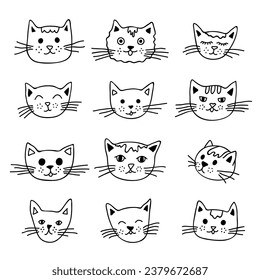 Hand drawn cat muzzle clipart. Cute pet face doodle set