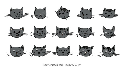 Hand drawn cat muzzle clipart. Cute pet face doodle set