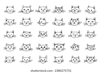 Hand drawn cat muzzle clipart. Cute pet face doodle set