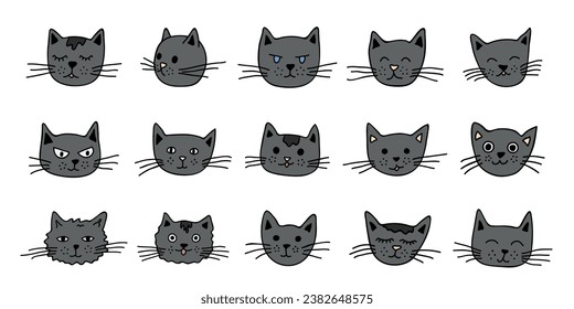Hand drawn cat muzzle clipart. Cute pet face doodle set