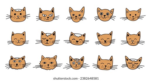 Hand drawn cat muzzle clipart. Cute pet face doodle set