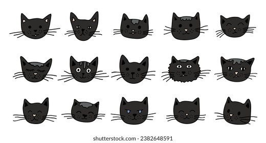 Hand drawn cat muzzle clipart. Cute pet face doodle set
