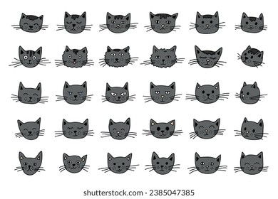 Hand drawn cat muzzle clipart. Cute pet face doodle set