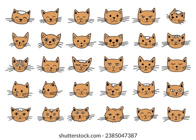 Hand drawn cat muzzle clipart. Cute pet face doodle set