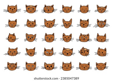Hand drawn cat muzzle clipart. Cute pet face doodle set