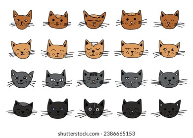 Hand drawn cat muzzle clipart. Cute pet face doodle set