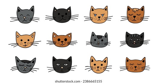 Hand drawn cat muzzle clipart. Cute pet face doodle set