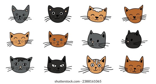 Hand drawn cat muzzle clipart. Cute pet face doodle set