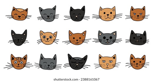 Hand drawn cat muzzle clipart. Cute pet face doodle set