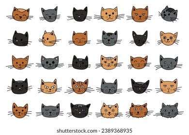 Hand drawn cat muzzle clipart. Cute pet face doodle set