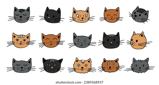 Hand drawn cat muzzle clipart. Cute pet face doodle set