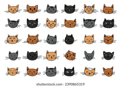 Hand drawn cat muzzle clipart. Cute pet face doodle set